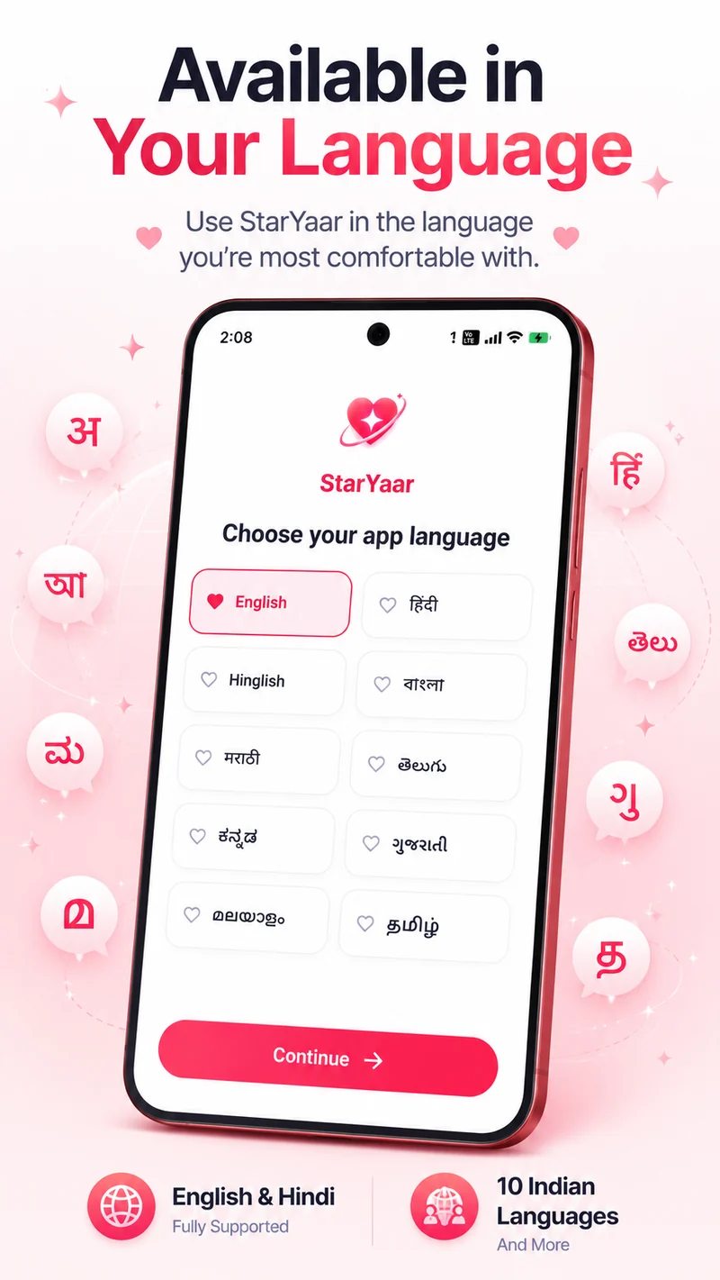 StarYaar language picker with ten Indian languages